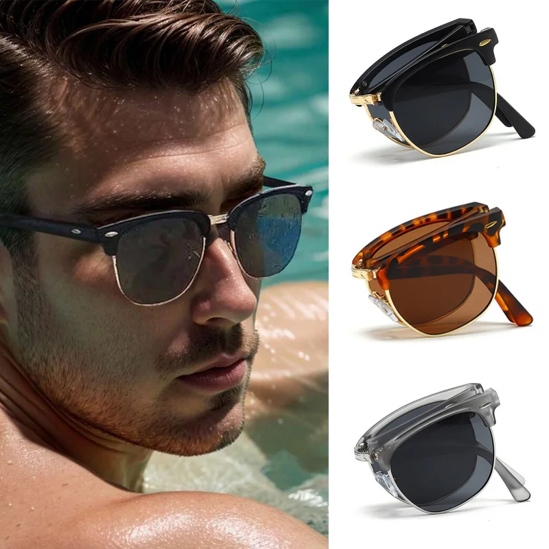 

New Foldable Sunglasses for Women High End Retro Half Frame Rice Nail Sunglasses for Men Classic 3016 Outdoor Sunscreen Glasse