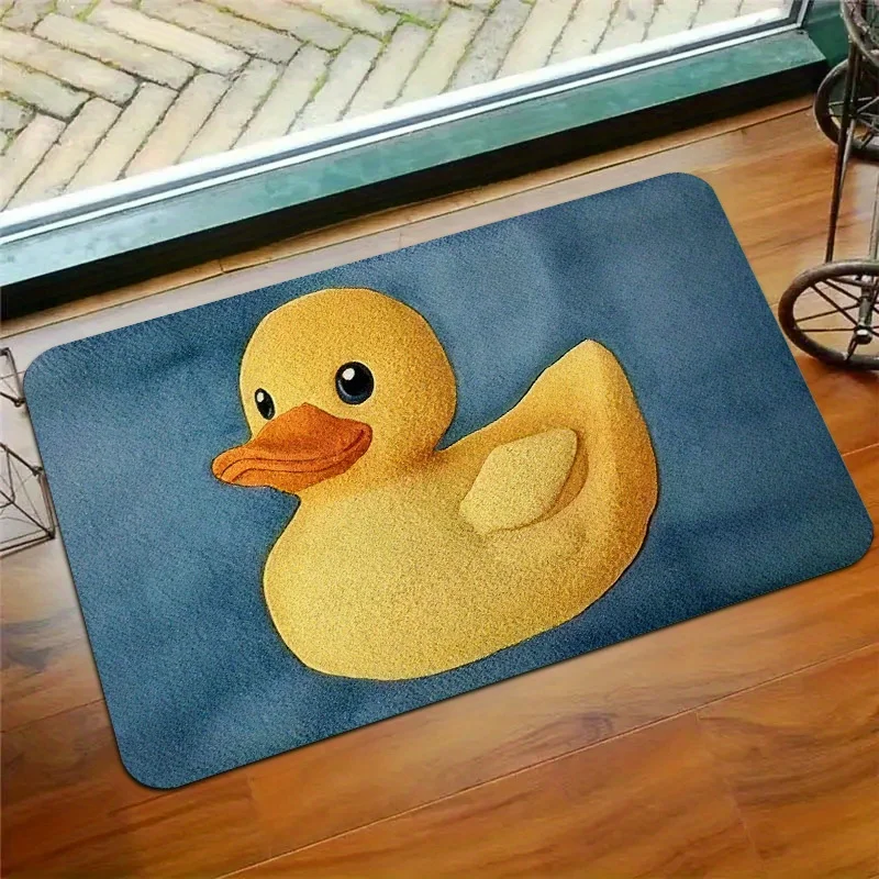 Cartoon Yellow Duck Bath Mat – Non-Slip Soft Flannel Rug with Sponge, Machine Washable for Bathroom, Shower & Kitchen Decor