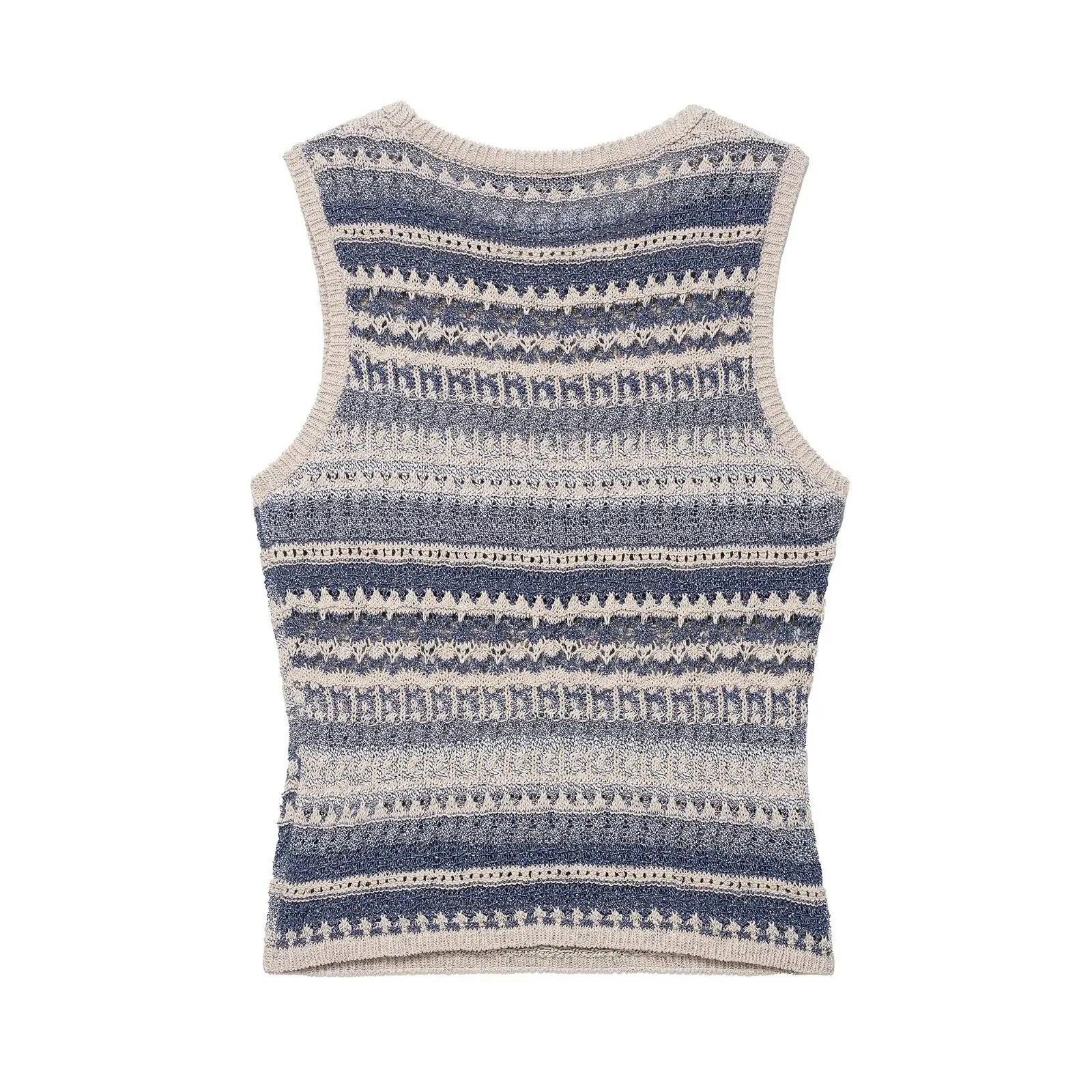 

Woman 2025 Blue Striped Textured Knit Sleeveless Top Female Sweater Pullovers Waistcoat Autumn Fashion Short Top Vest
