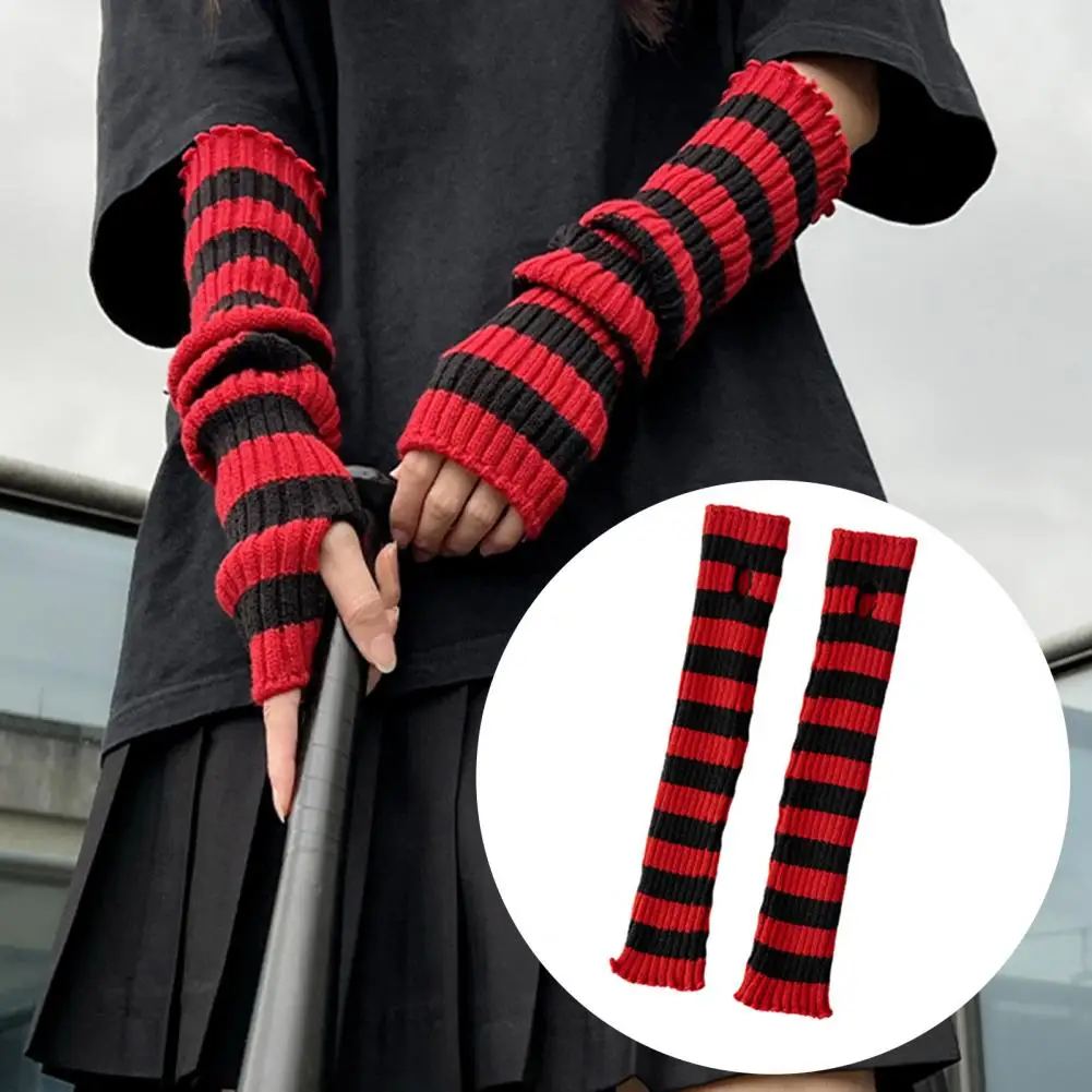 Stretch Knit Gloves Red-black Striped Arm Warmers with Thumbhole Design for Women Unisex Elbow Length Stretchy for Cosplay