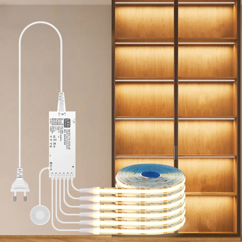 터치 센서 캐비닛 아래 조명 조도 조절 COB LED 스트립, 침실, 옷장, 실내 주방 윤곽, 내구성 EU 플러그에 적합