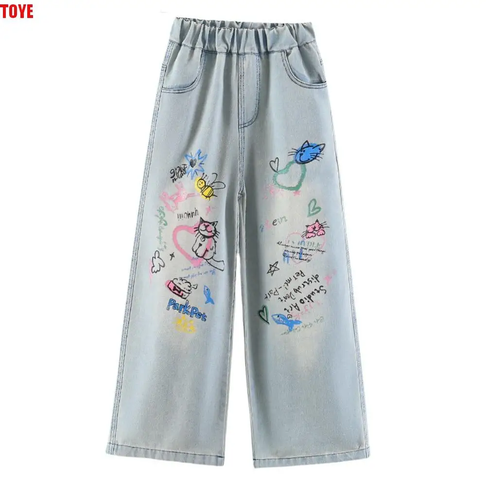 

Straight Teen Girl Jeans Loose High Waist Children Cartoon Jeans Graffiti Wide Leg Girls Denim Trousers Girls Gift