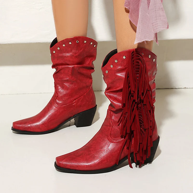 

Большие размеры V-образные ботинки с заклепками и кисточками на тонком ремешке Сапоги в стиле вестерн в стиле ретро Маленький квадратный носок Толстый каблук Тонкие ботинки до середины икры