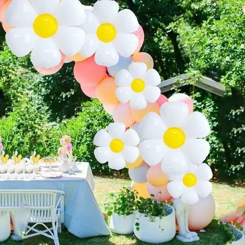 Large White Sunflower Daisy Flower Balloon Kids Birthday Party Foil Balloons with Air Pump for Baby Shower Decoration Photo Prop