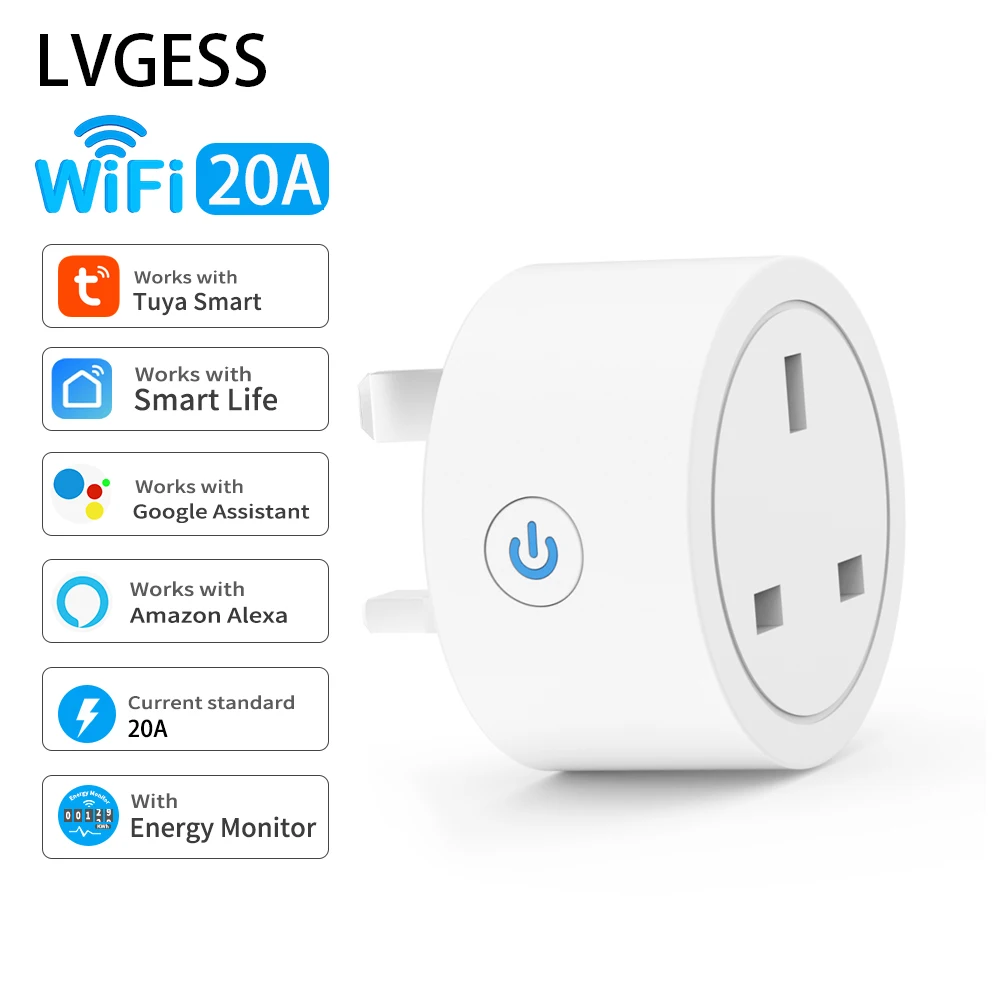 Enchufe inteligente con WiFi para el hogar, Adaptador de 3 pines, Control por voz, Alexa, con función de temporizador de monitoreo de energía, 20A