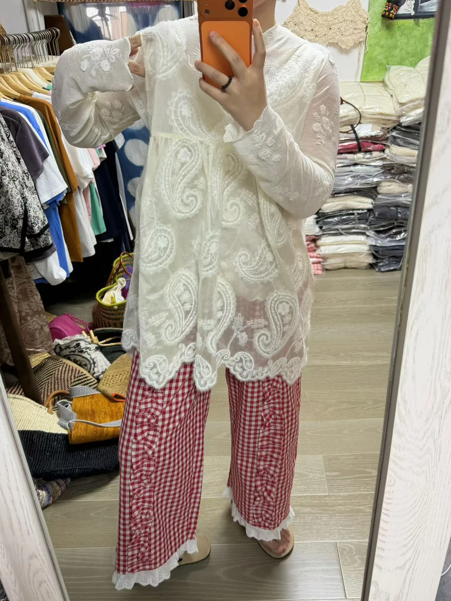 

Vintage Red Blue Plaid 3D Lace Trim Straight Leg Pants plus Size Women's Spring Summer Fashion Ladies plus Size Trousers