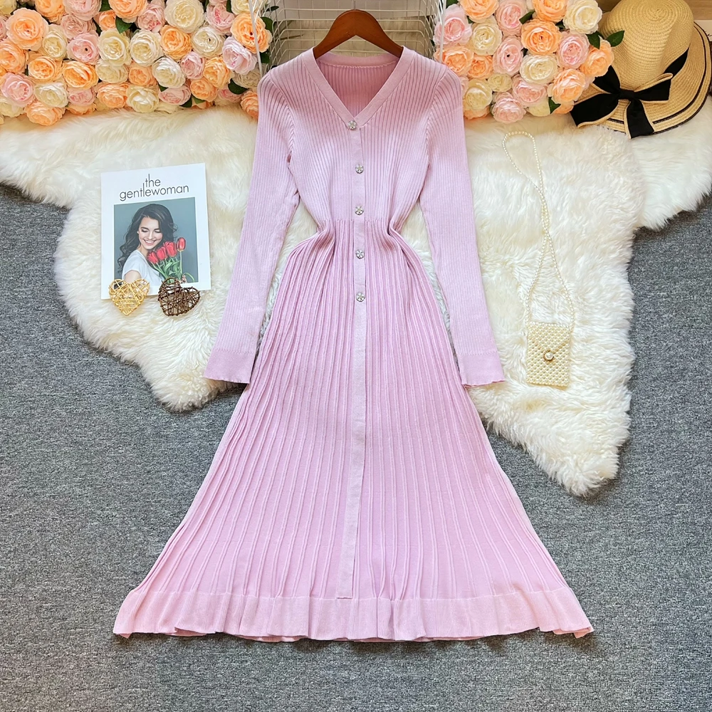 YuooMuoo Chic mode femmes élégant plissé tricoté longue robe 2025 automne hiver col en v dame robe pull coréen fête Vestido