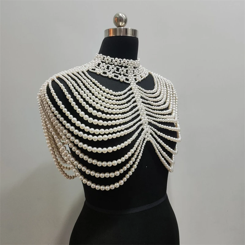 Luxuriöse Mehrschichtige Perlen-Körperkette Schal Perlenbesetzte Schulterkette Braut Hochzeit Körperschmuck Elegantes Party-Abend-Accessoire – Detail 4