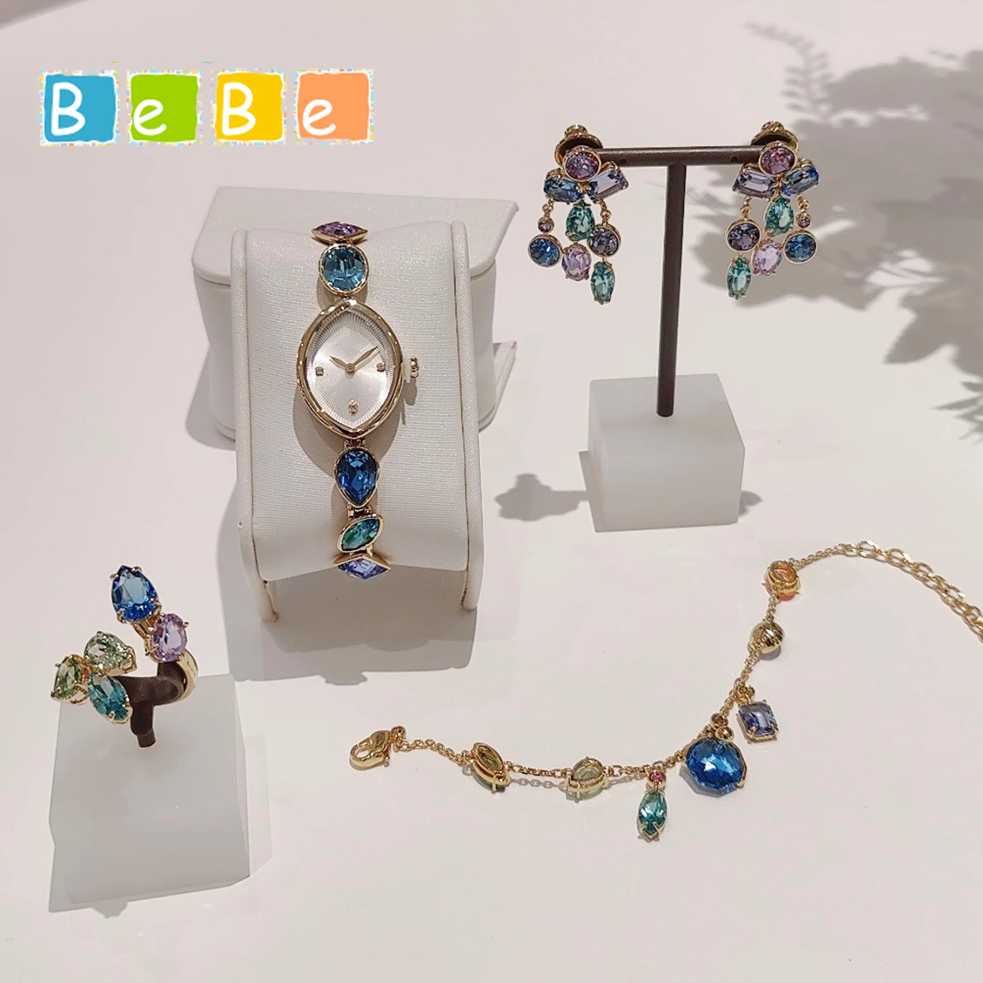

High quality 2026 New Trend Anniversary Jewelry Sets Charms Blue Purple Water Drop Crystal Bracelet Luxury Women's Ring Earrings