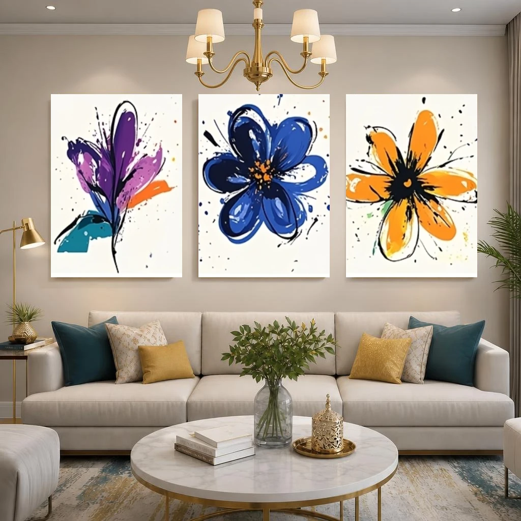 2D Flat, 3pcs Modern Abstract Floral Wall Art - Frameless Splash Ink Flower Posters, Suitable for Living Room,, Housewarming