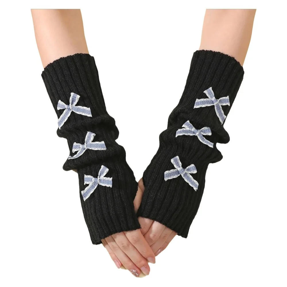 Y2K Thicken Bow Arm Warmers Long Knit Soft Knitted Y2K Fingerless Gloves Sweet Bowknot Sleeve Cover Women
