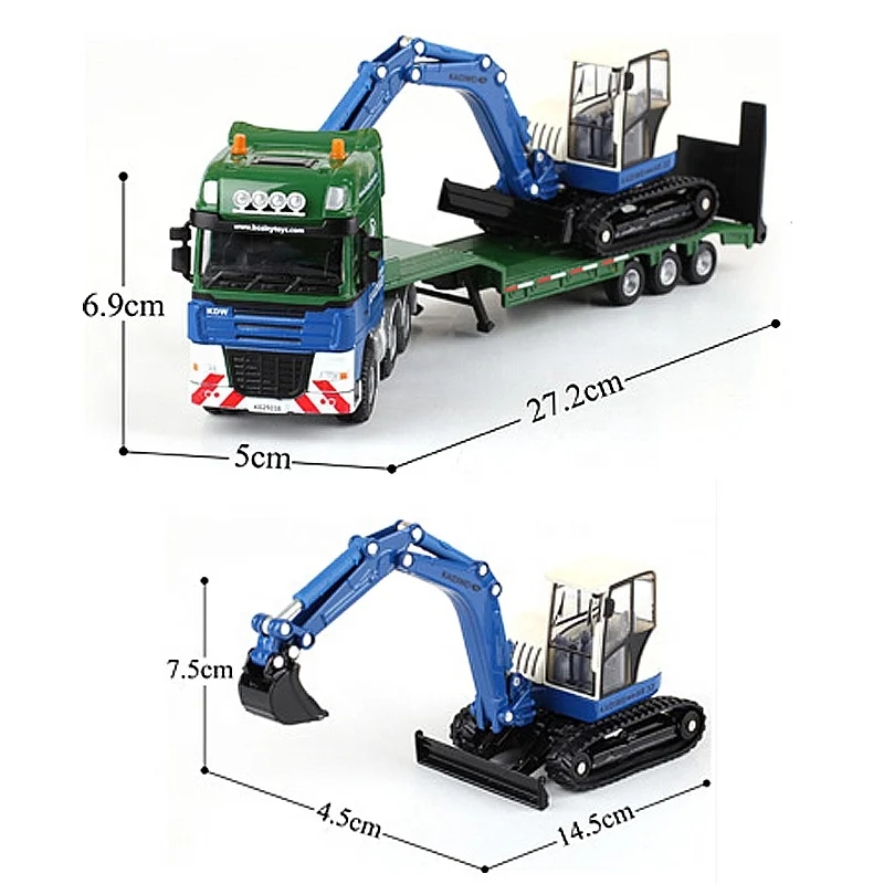 1:50 Construction Car  Low Loader With Excavator Model Diecast Truck Heavy Duty Inertia Flatbed Transporter Truck Kids Toy Gift