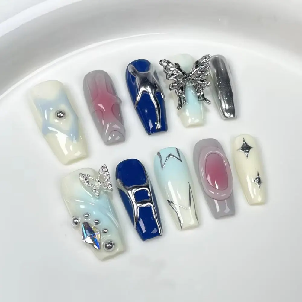 

Ice Blue Silver Butterfly Cyber Y2K Press On Nails Extra Long Coffin Ice Blue Gradient Silver Foil Butterfly Iridescent Rhinest