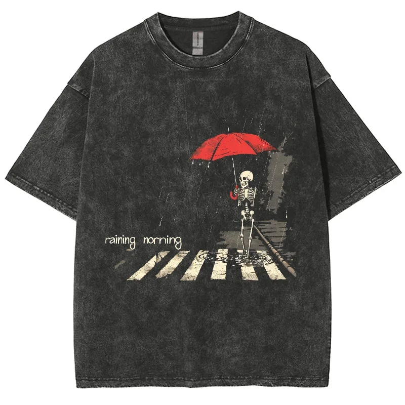 Skeleton Red Umbrelllaa Rain Morning, Hiphop Y2K Washed T-shirt,  Oversized Streetwear Vintage Washed Surf Tshirts For Men Women