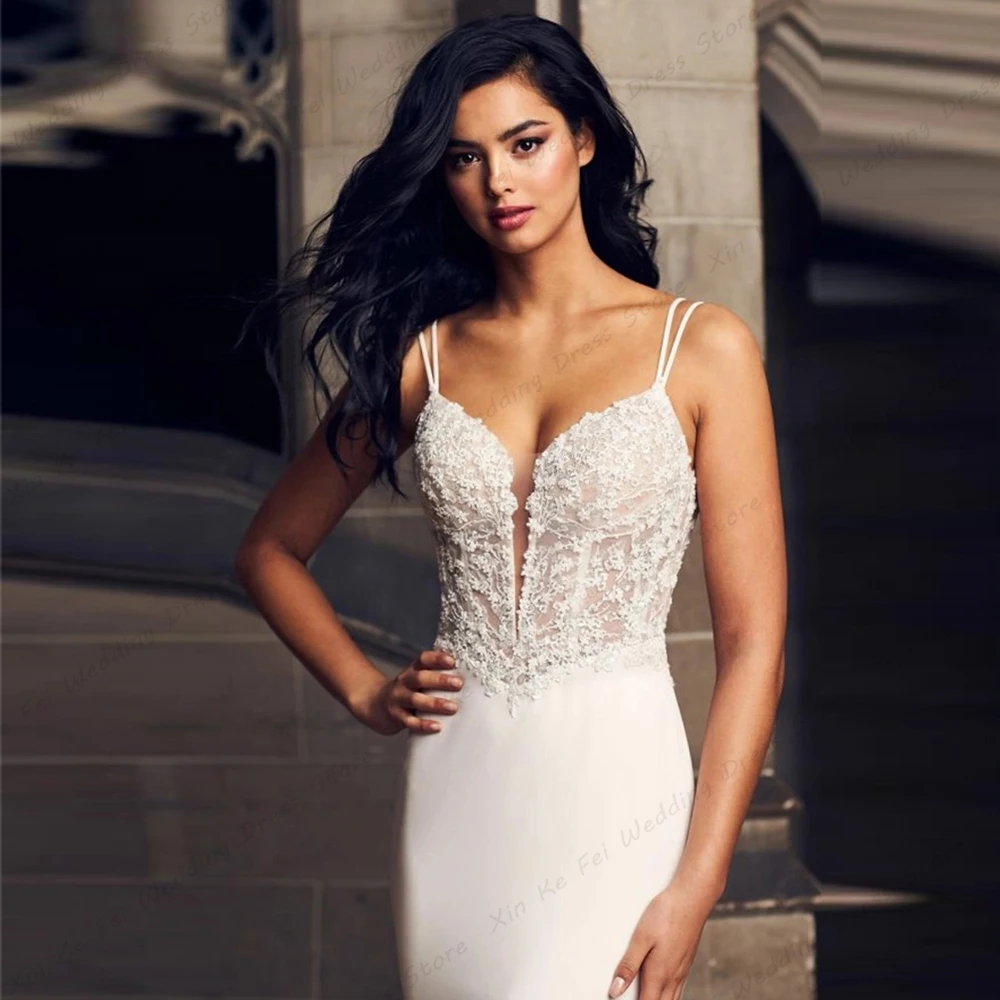 Precioso vestido De novia De sirena para mujer, Sexy, con cuello en V, apliques De encaje, vestidos De novia finos con correa para el hombro, Sexy, sin espalda y sin mangas