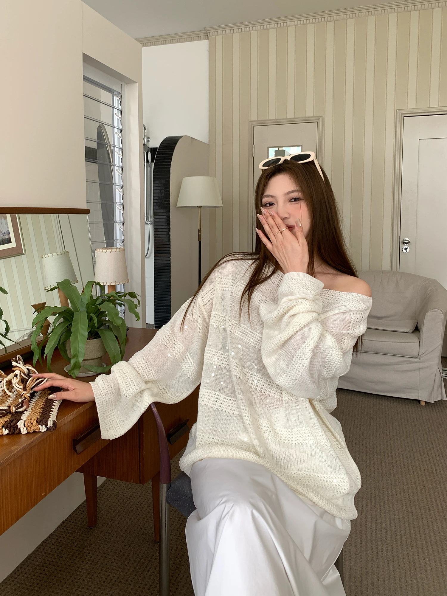 

NAZ Casual Sle Knitted Long Sve Glimmering Sequin Slant oulder Hook Flower Knitwear for plus Size Women Spring Faion