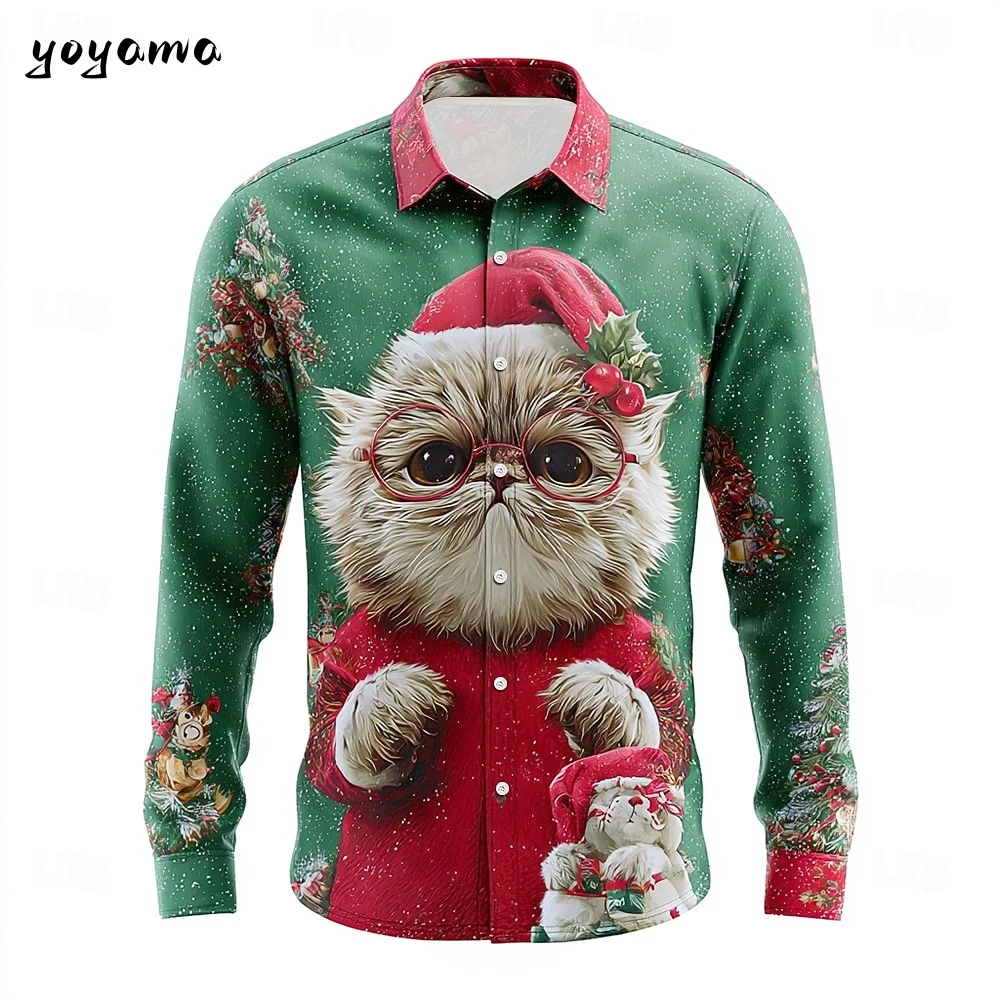 

2025 Christmas Theme Men's Snowflake Christmas Animal Printed Shirt Button up Shirt Casual Long Sleeve Shirt Street Men's Shirts