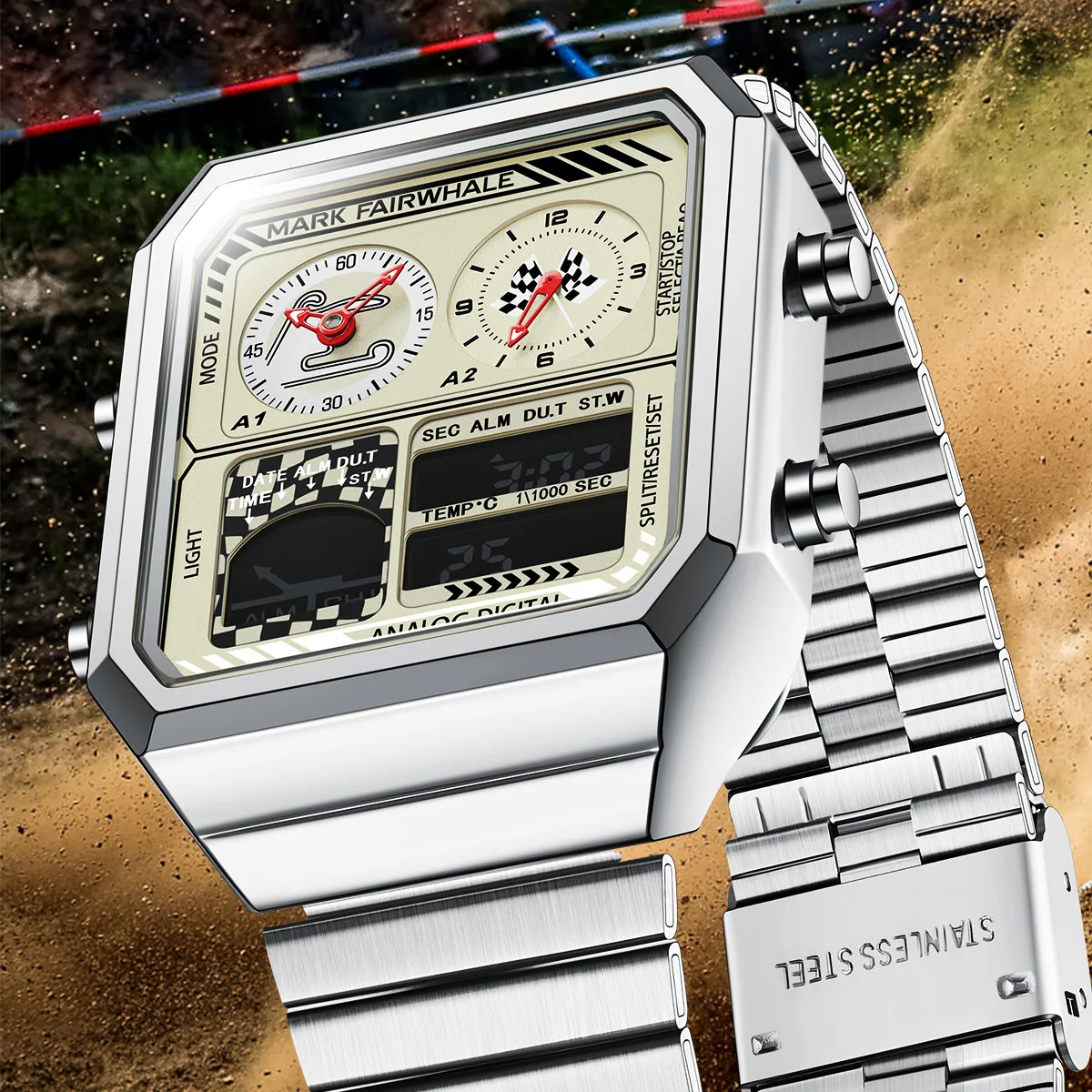 

Mark Fairwhale 4460 Men's Watch Dual Display Quartz Luminous Chronograph Steel Strap Waterproof Wristwatch