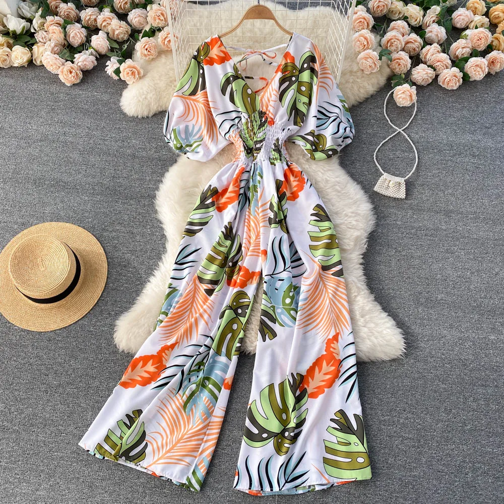 Casual Chiffon Print Jumpsuit Women V-Neck High-Rise Rompers Playsuits Holiday Trendy Wide-Leg Pants Summer One-Piece Outfits