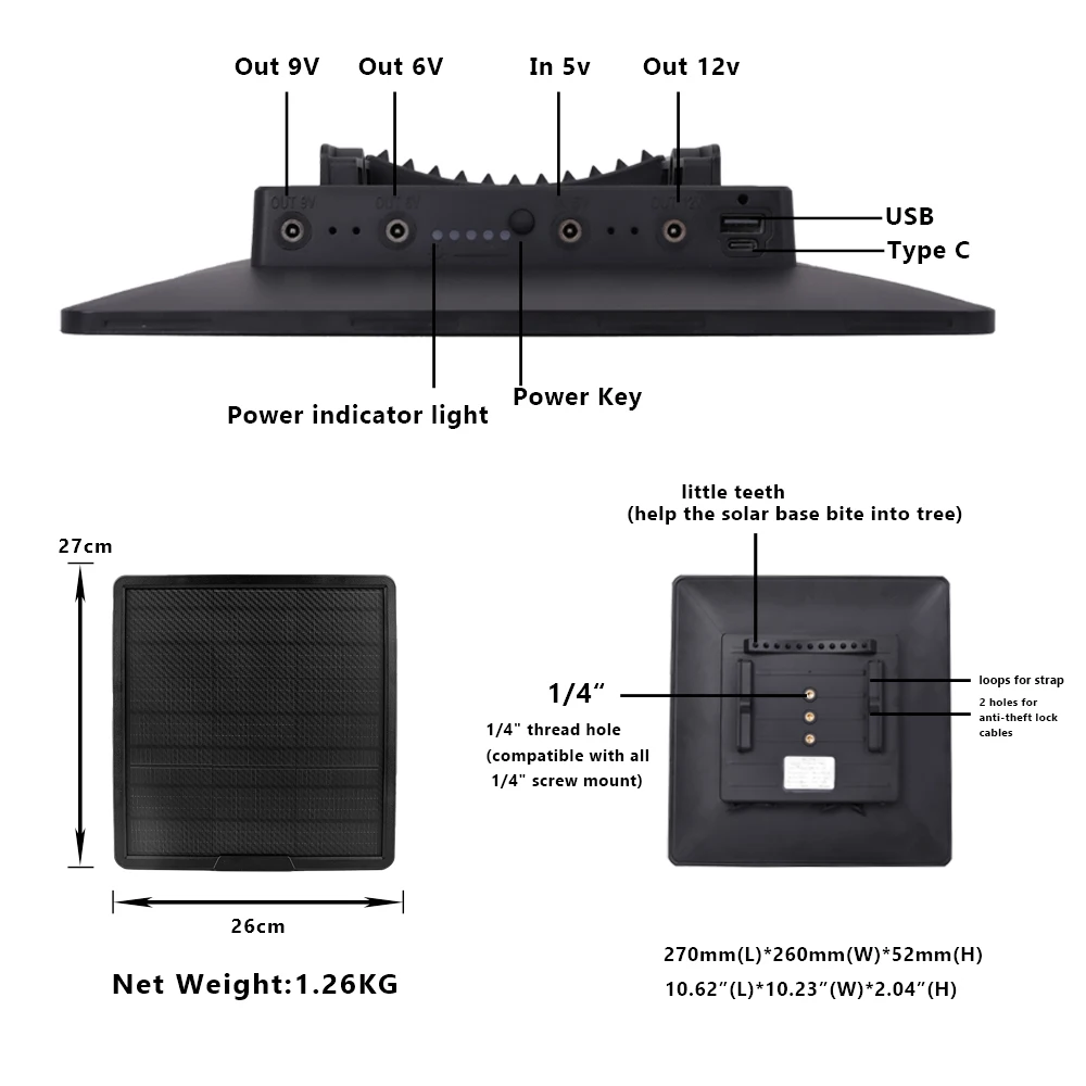 Imagem -02 - Carregador Solar de Bateria Silício Monocristalino Painel Solar 10w Micro Usb tipo c Adaptador dc em para Câmera ip 25000mah 12v 9v 6v