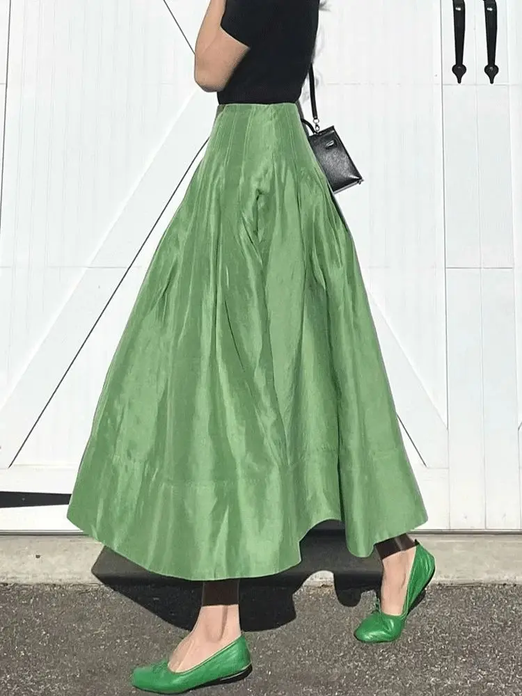 Faldas Mujer Moda Retro Temperament Green High Waist Slim Big Umbrella Skirts Pocket Women Pleated Long Casual