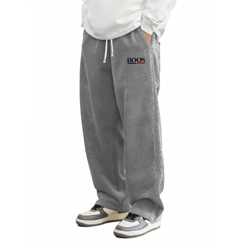 

Men Vertical Striped Corduroy Wide Leg Pants BOOS Letter Print Drawstring Elastic Waist Street Casual Trousers With Side Pockets
