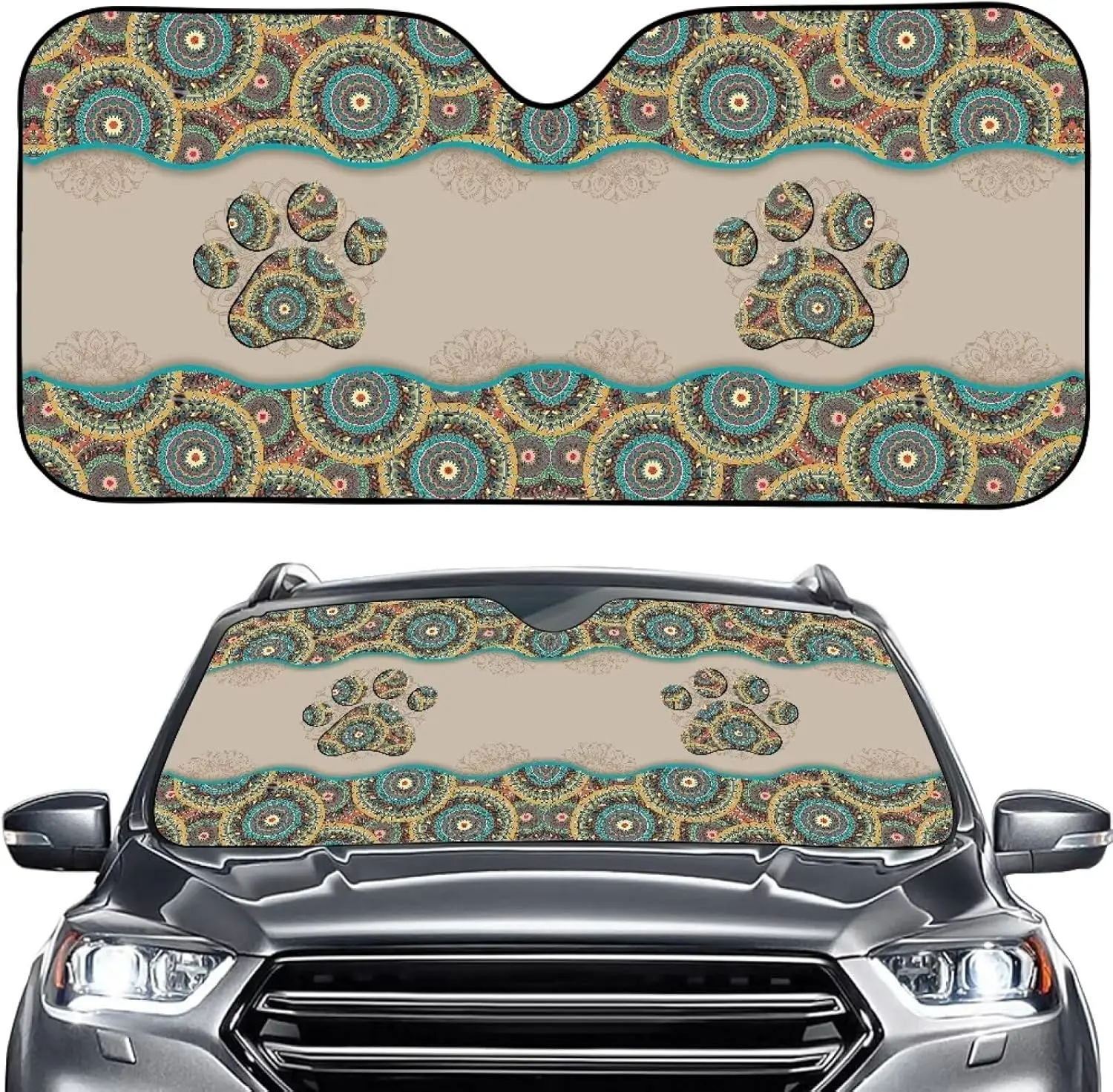 

Boho Mandala Print Car Windshield Sun Shade, Dog Paw Design Folding Lightweight Sun Visor Protector Blocks UV Rays an