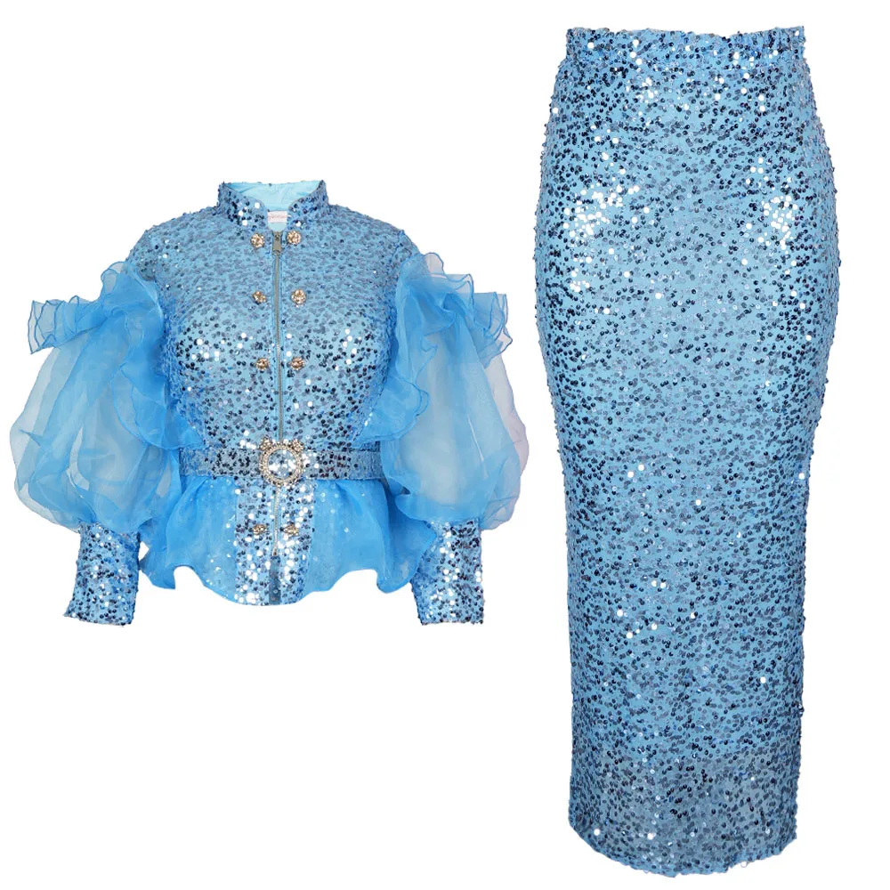 

Plus Size Sequin African Clothes for Women Tops and Skirts Set Dashiki Ankara Turkey Outfits Gown Wedding Party Dresses Kaftan