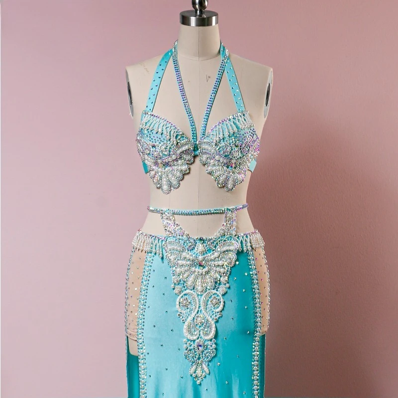 Customized Bellydance Costume Women's Sense Hip Hugging Skirt Set High Waisted Tassel Long Skirt Belly Dancing Bra Performance