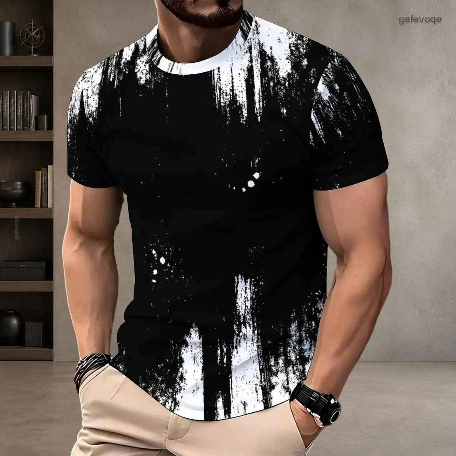 Men Black White Abstract Brush Splatter Printed Round Neck Short Sleeve T-Shirt