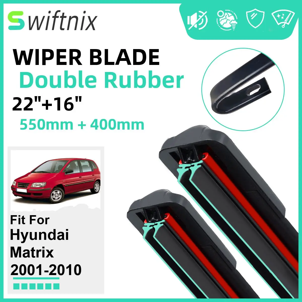 

Двойные резиновые автомобильные щетки стеклоочистителя для Hyundai Matrix 2001-2010, резиновые автомобильные аксессуары для лобового стекла переднего стекла 2008 2009 2010
