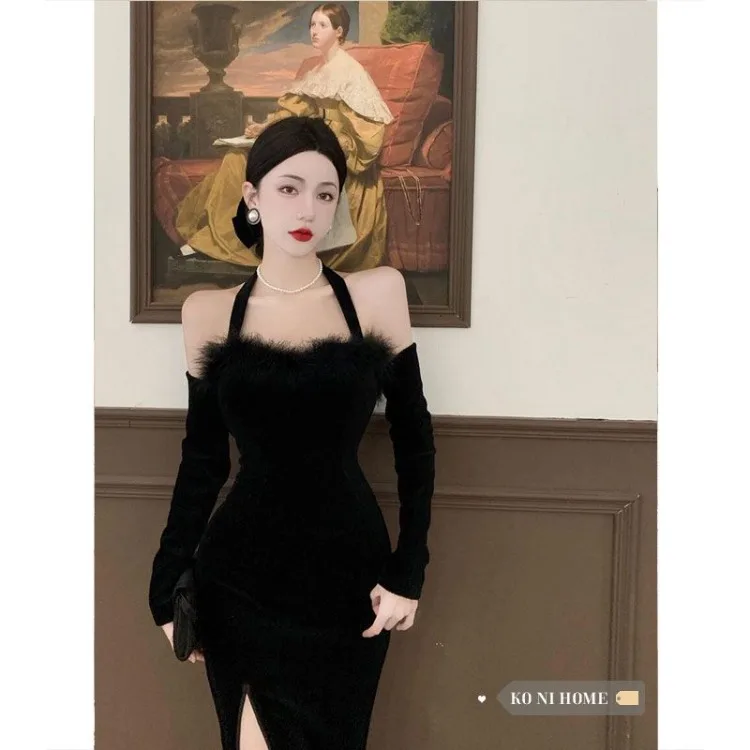 

Korejepo Dress Women Autumn Korean Hanging Neck Pure Desire One Word Shoulder Velvet Splicing Hip Skirt Waist Sexy Split Skirt