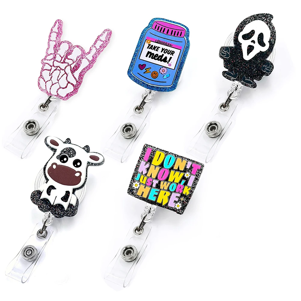 Hot Sales 1 Piece Glitter Acrylic Retractable Nurse Badge Reel Fashion Ghost Cow Cat Anime ID Card Holder Keys Lanyard Clip