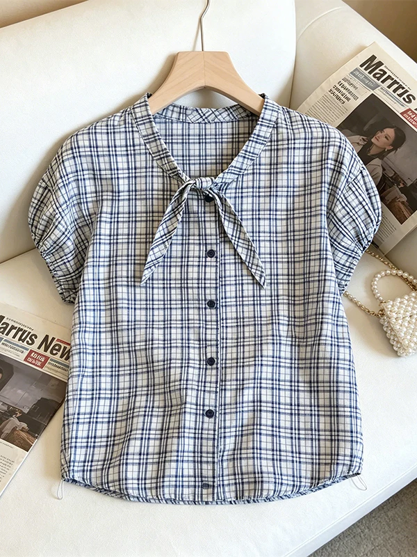 

Summer New plus Size Women's Shirt Checkered Short Sleeve Tie Dye Versatile Youthful Feeling Korean Style Loose Fit Knitted Top
