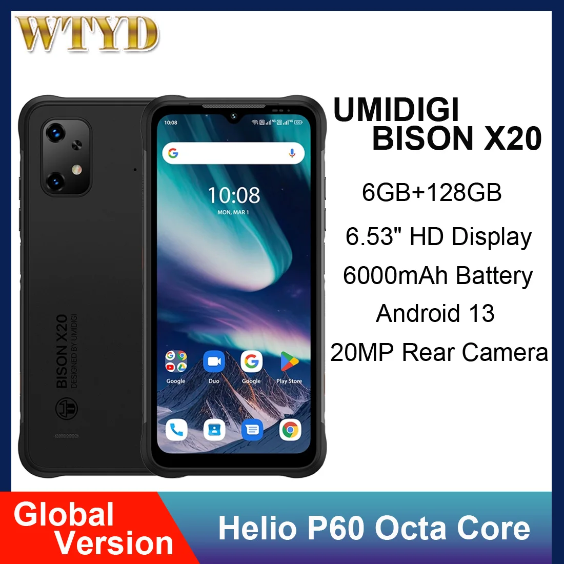 Смартфон UMIDIGI BISON X20 защищенный, 6 + 128 ГБ, 6,53 дюйма, HD, Android 13, 6000 мАч