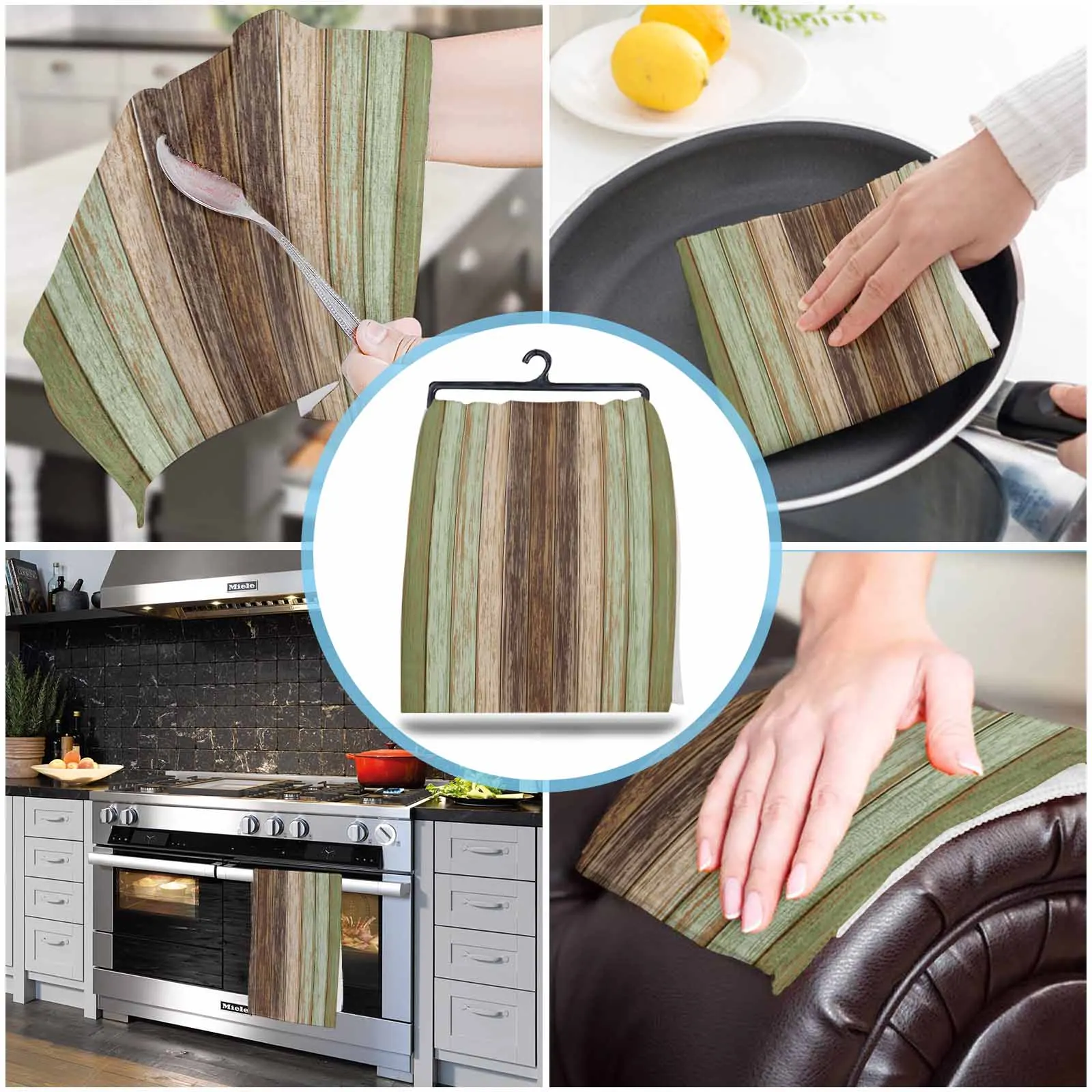 Sage handuk tangan serat kayu Retro hijau, serbet dapur menyerap air kain pembersih rumah tangga