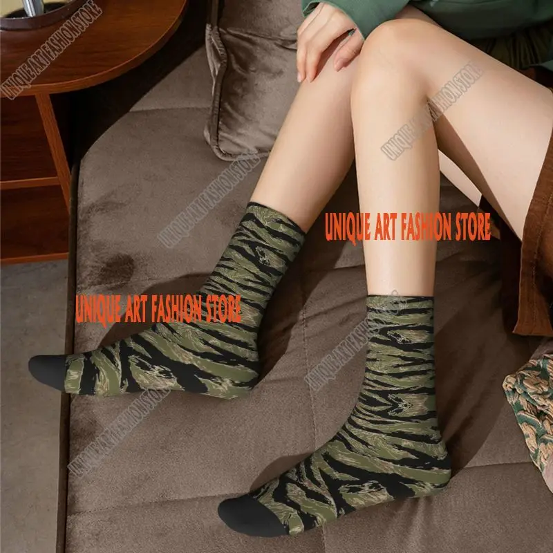 Cool Tiger Stripe Camo Socks Women Men Warm 3D Printed Military Tactical Camouflage Football Sports Socks