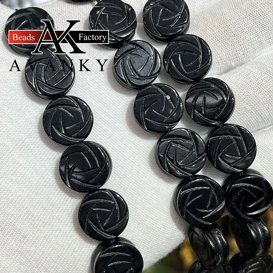 

14mm Natural Black Stone Cake Bead Rose Flower Shape Faceted Loose Beads Jewelry Making DIY Necklace Bracelet Accessory 15''