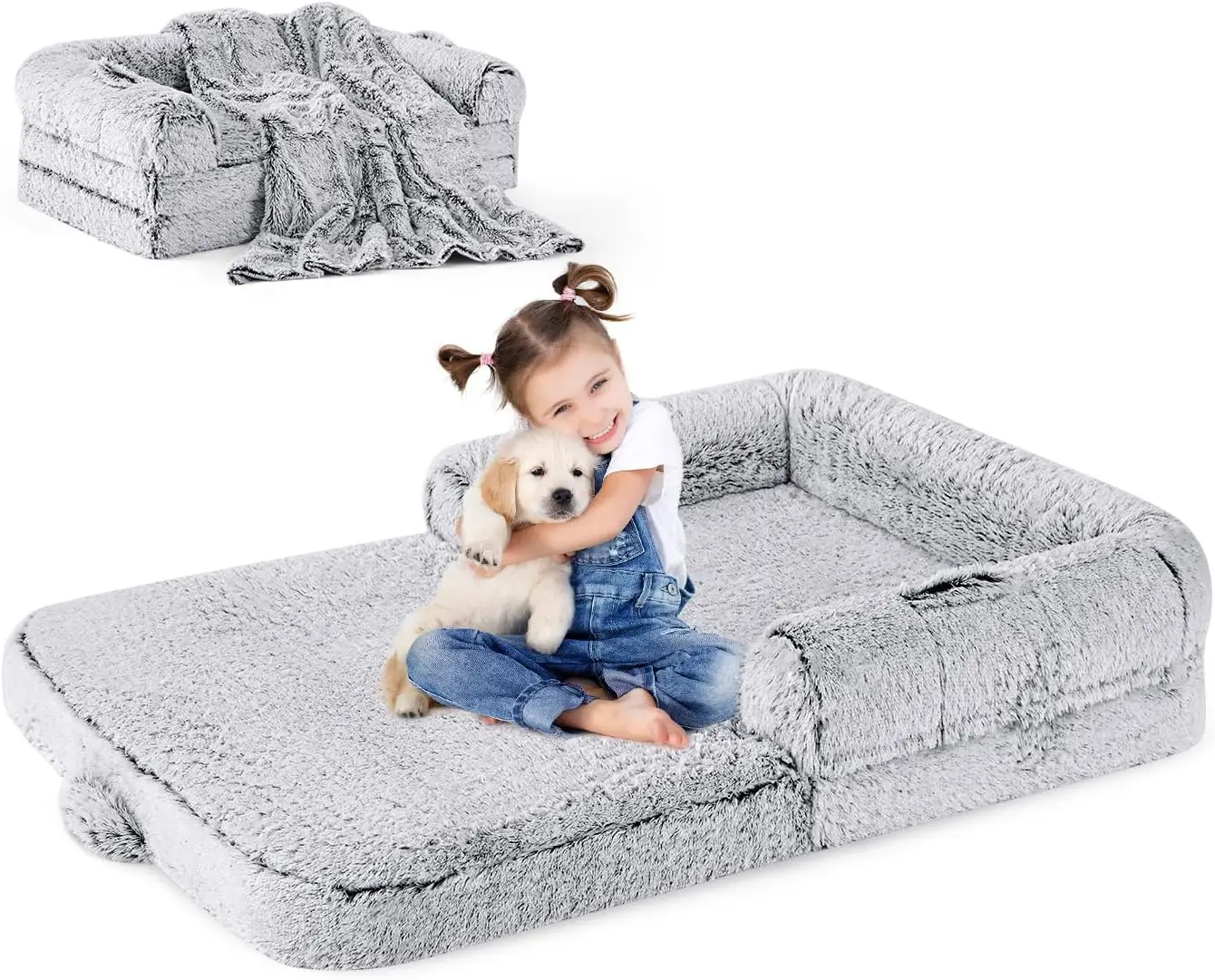 Cama grande dobrável para cães para crianças e animais de estimação, sofá ortopédico de espuma viscoelástica com cobertor, cinza 54 x 38 polegadas