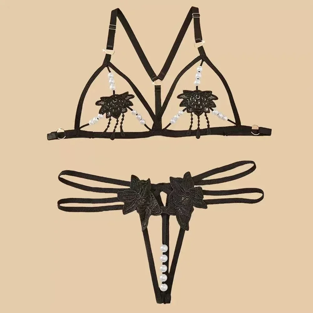 Women Hot Lingerie Lolita Erotic Costume Underwear Open Sleepwear Sexy Pearl Hollow Bra Lace Sexy Bodysuit Pajama 2 Pcs Set