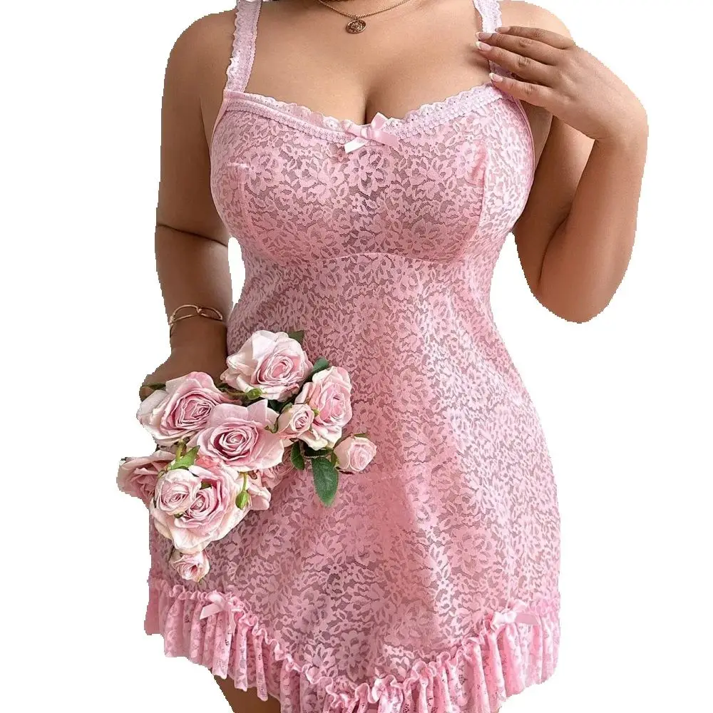 

Европейская и американская сексуальная ночная сорочка больших размеров из прозрачной сетки с принтом и рюшами, с розовым девичьим шармом.