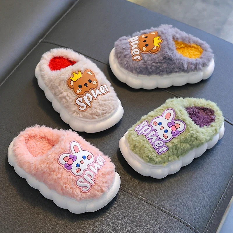 New Winter Cute Cartoon Rabbit Bear Children\'s Warm Non-slip Fluffy Slippers For Girls Boys Home Indoor Mule Kids Cotton Shoes