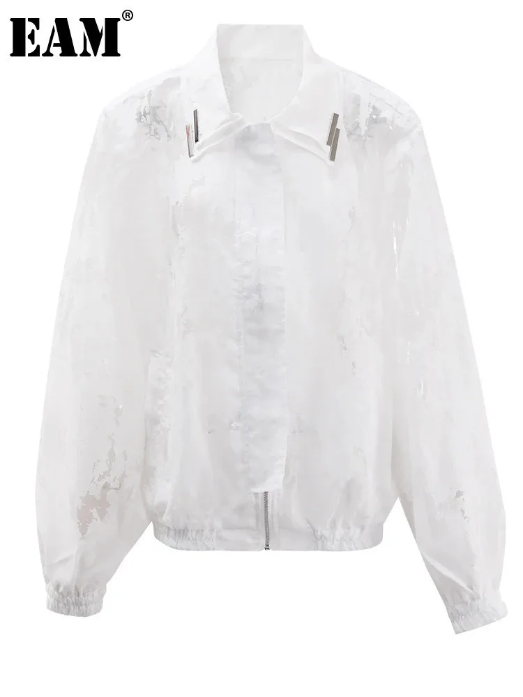 

[EAM] Women White Thin Perspective Big Size Casual Blouse New Lapel Long Sleeve Shirt Fashion Tide Spring Autumn 2024 CPG1654