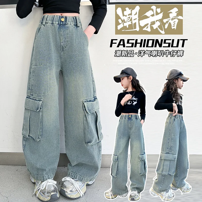 

Girls Cargo pants with Big Pockets Jeans American Style Autumn streetwear Denim Pants Straight Loose Wide Leg Trousers for Child