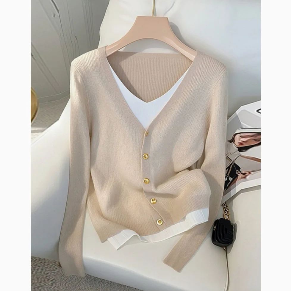 

Outlet Brand Women's Knitted Long Sve V-Ne Sweater Beige High-End Feeling Top Commute Sle Slim Fit Polyester Fiber