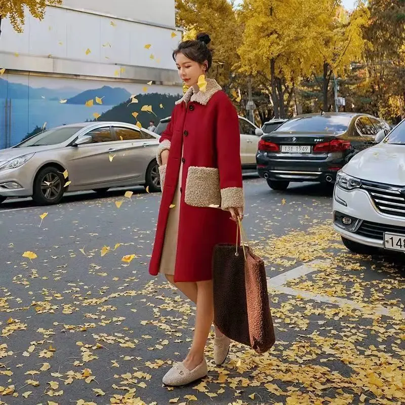 Patchwork Button Thick POLO Collar Long Sleeve Overcoat Elegant Fashion Harajuku Female Clothes Loose Casual All Match Outerwear