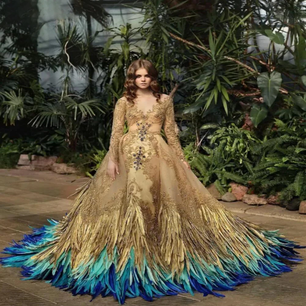 Luxury Colorful Feathers Wedding Dress Sexy V-neck A-line Floor-length Bride Robe Sparkly Beading Appliques Bridal Gown