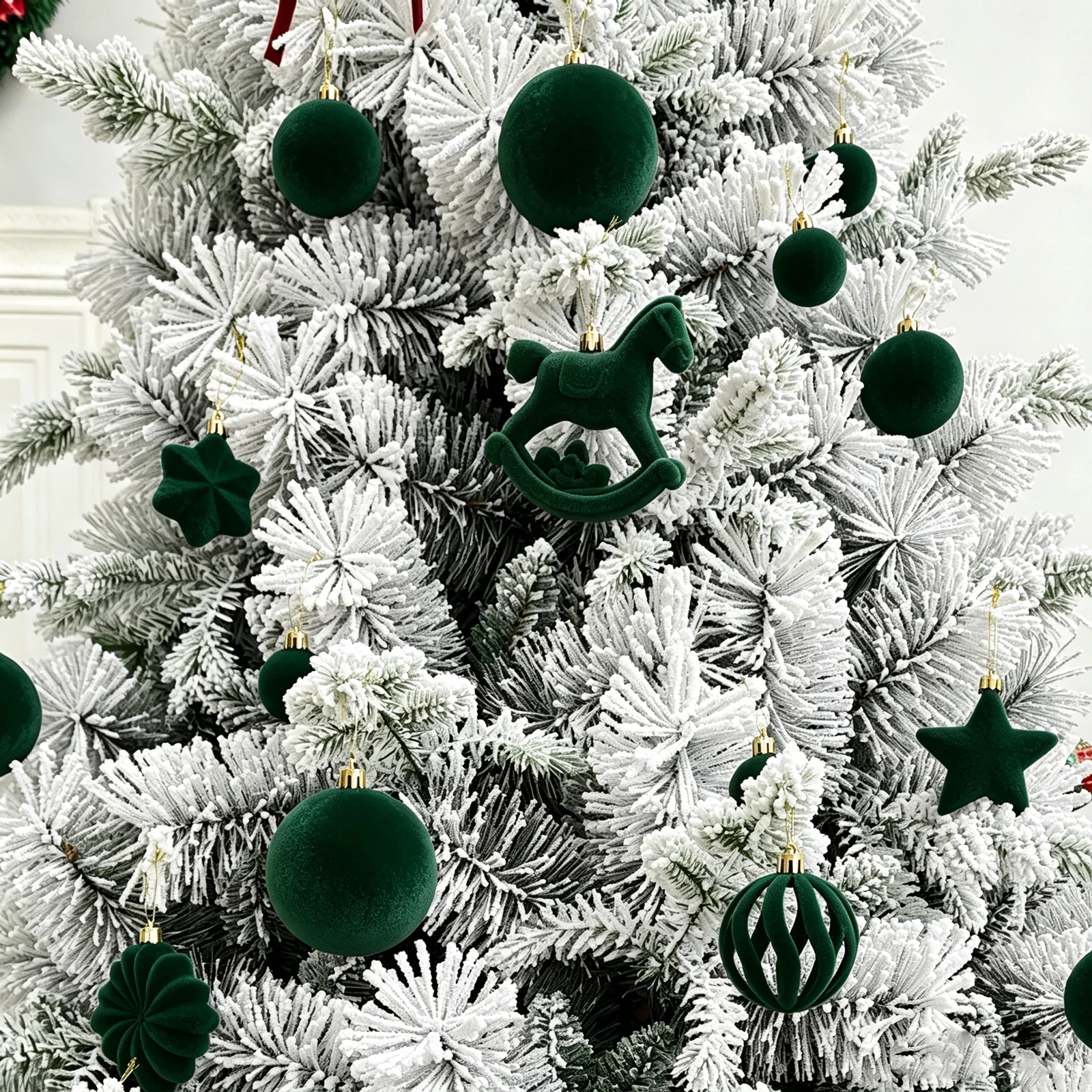 58pcs Velvet Christmas Ornaments Set Multi-Shape Flocked Xmas Tree Hanging Balls Star Rocking Horse Bow Pendants New Year Decor