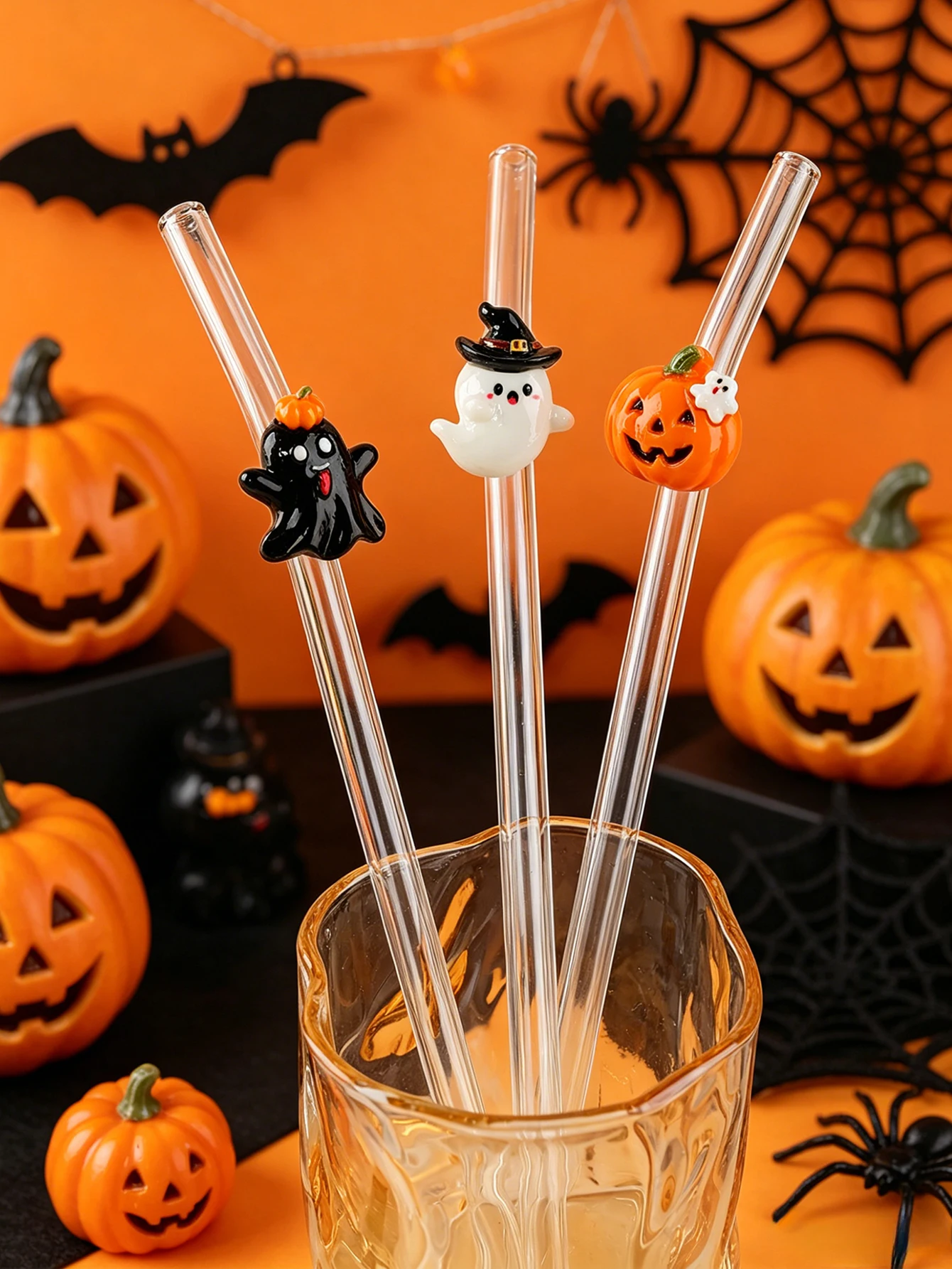 3PCS Halloween Glass Straw Pumpkin Ghost Witch Ornament, Stylish Table Accessory for Cafe & Birthday Events