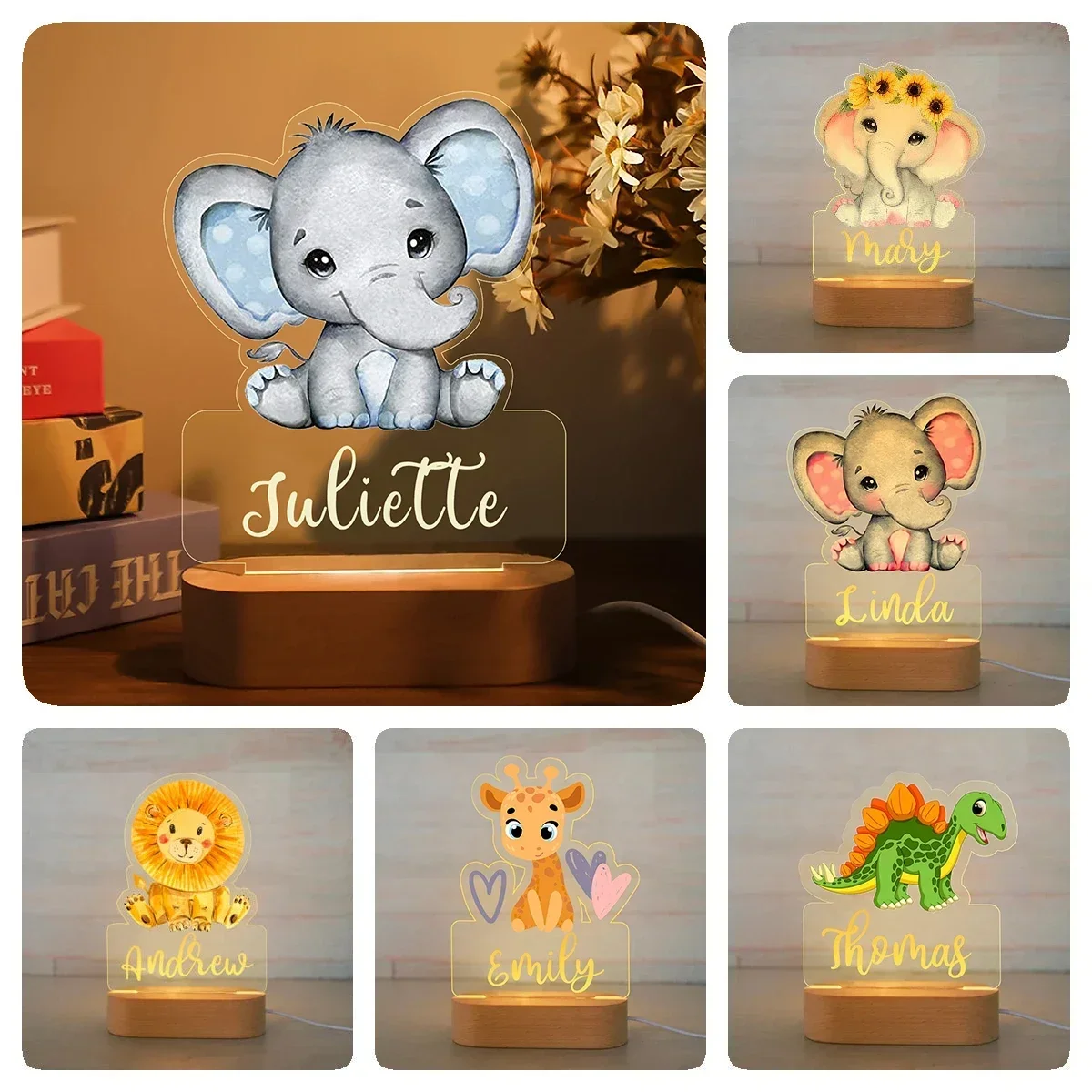 Children's Animal Night Light Personalized Customized Name Baby Bedroom Acrylic Light Fixture Home Decoration Christmas Gift